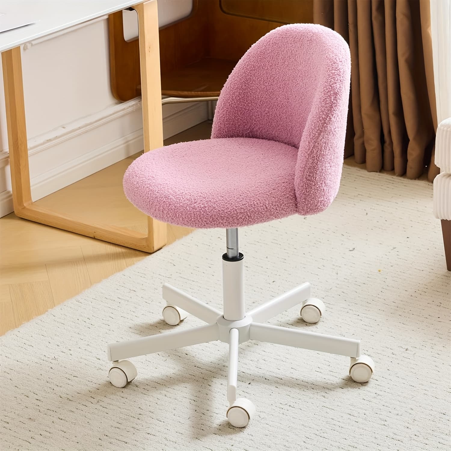 Comfy LEADZM Teddy Adjustable Rolling Swivel Candy Chair - Armless Desk Chair with Lumbar Support and Wheels - Gentle Pink Vanity Chair for Home Office, Bedroom - Image 1