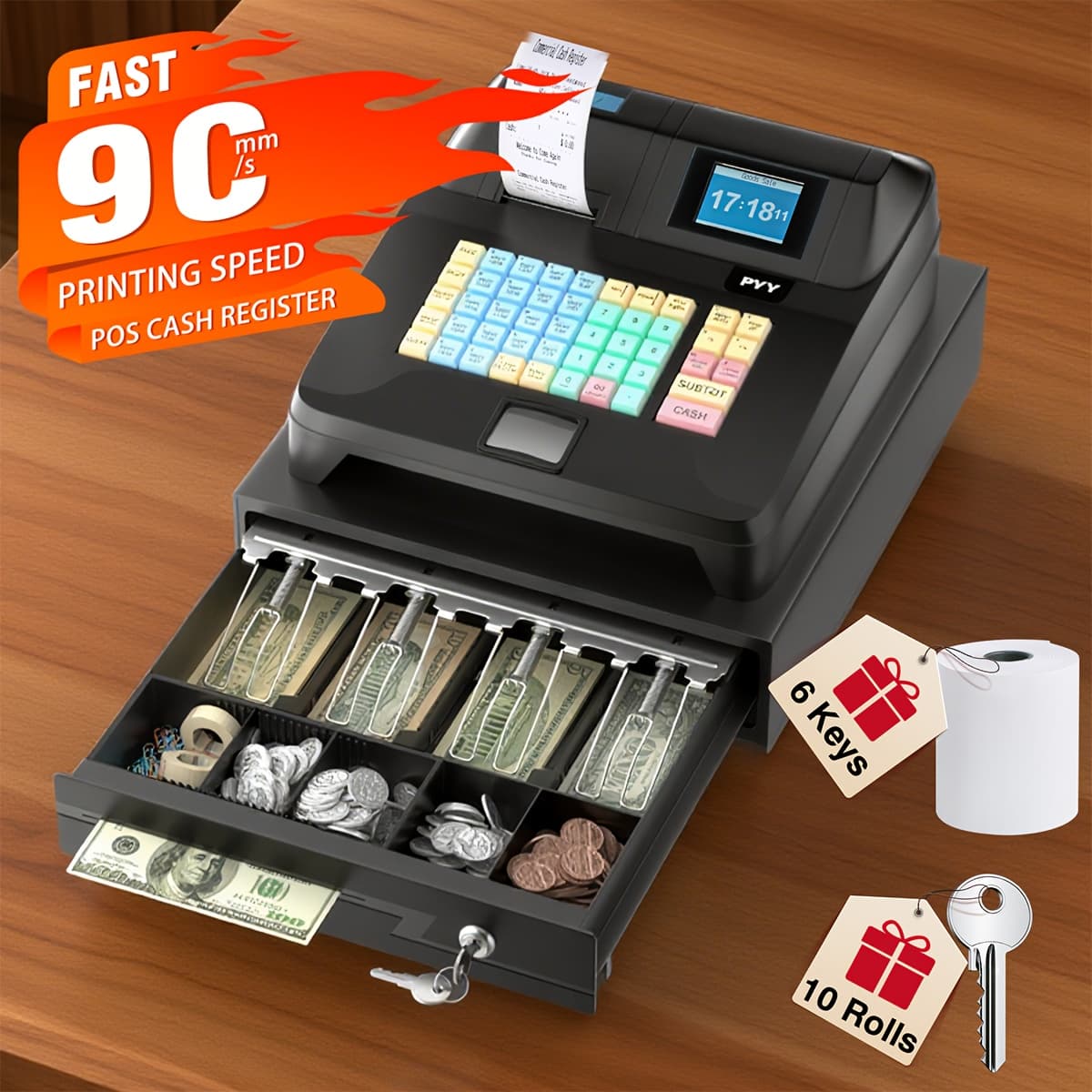 PYY Commercial Electronic Cash Register with Locking Cash Drawer - POS System, 48-Key POS Terminal, Dual Display (2.8'' TFT LCD & LED), Thermal Printer, Compatible with Scanners/Scales/Printers, for Retail Stores, Restaurants, Supermarkets - Includes USB Cable, Keys & Paper Rolls, Supermarket Checkout, Sleek Design, Reliable Performance, Supermarket Staff - Image 1