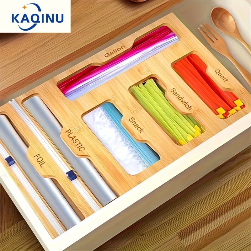 Bamboo Kitchen Organizer for Ziplock Bags, Foil & Plastic Wrap - Multi-Compartment Drawer Storage with Built-in Cutter, Leak-Proof Reusable Food-Safe Design for Gallon/Quart/Sandwich/Snack Bags, Versatile Bag Storage, Natural Wood Look - Image 1