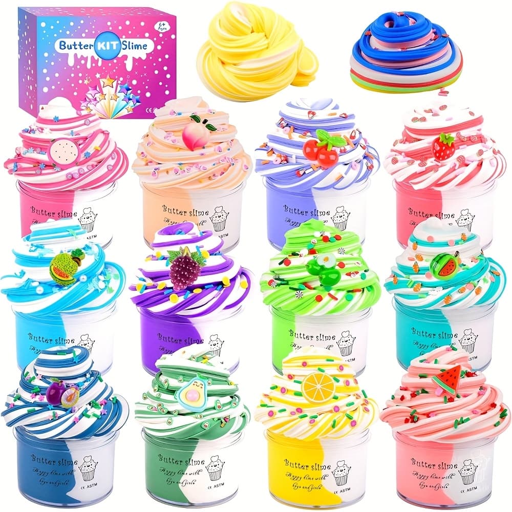 12-Pack Fruit Butter Slime Set with Watermelon, Lemon, Peach, Strawberry, Avocado and Cherry Charms, Cute Stuff for Girls Fragrant DIY Slime - Image 1