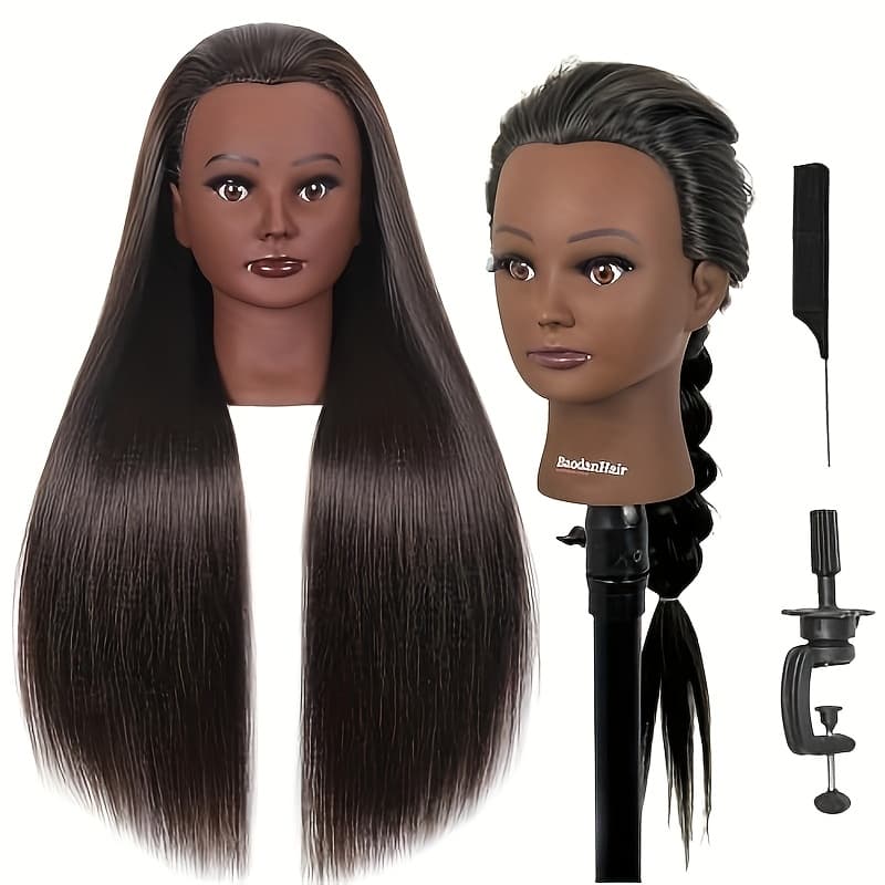 26" Realistic Mannequin Head with Long Wavy Brown & Straight Black Synthetic Hair - Adjustable Stand for Hairdressing Training, Cosmetology Students & Professional Stylists - Includes Free Clamp, Hair Stylist Gifts, Hairstyling Practice, Cosmetology Education, Natural Appearance, Secure Attachment Feature - Image 1