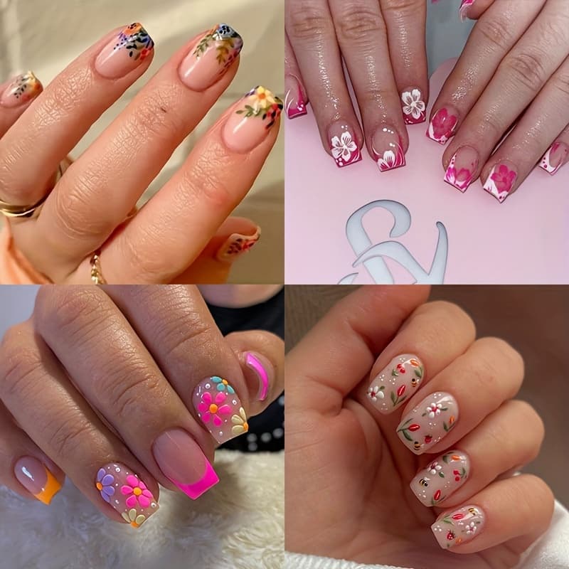 96pcs 4pcs Press-on Nails Short Square False Nails Pink Flowers Full Coverage Stickers Spring/Summer Nail Design Suitable for Women's Office, Travel, Holiday Gift - Image 1
