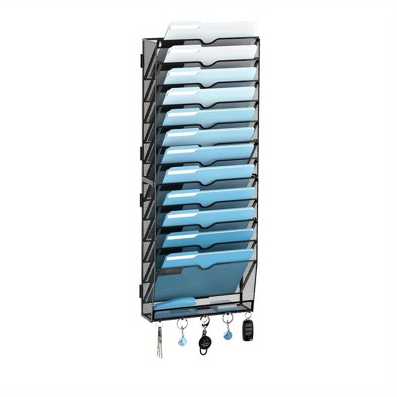 No Assembly Required 13-Tier Vertical Document Holder - Wall File Organizer with Hooks, Mesh Magazine Rack, Mail Sorter for Office, School, Home - Image 1