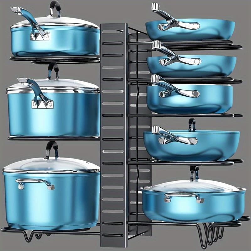 Pots And Pans Organizer With 2 Hooks Under Cabinet, Adjustable Pot And Pan Organizer Rack For Cabinet 8 Tiers Durable Steel Construction Pot, Kitchen Organizers And Storage Lightweight Cookware - Image 1