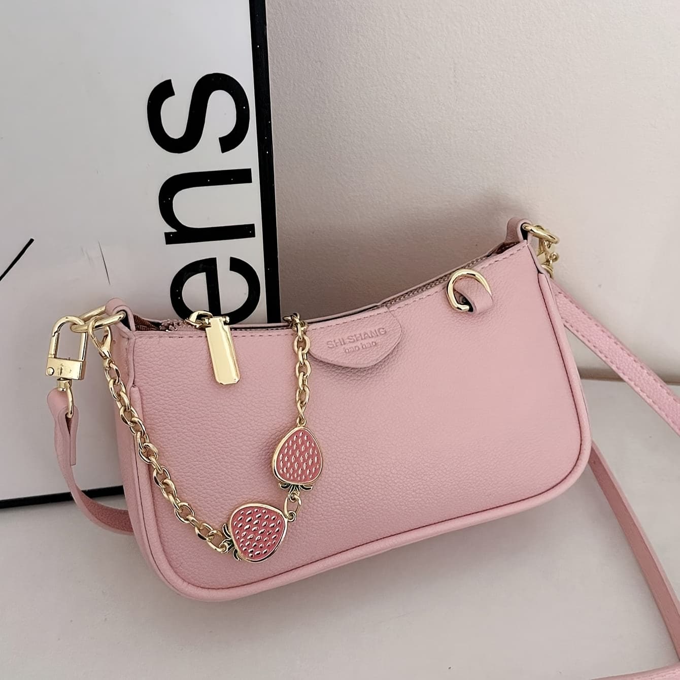 A Stylish Classic Solid Color Shoulder Bag Made of, Featuring a Strawberry Metal Chain Decoration, an Elegant Handbag, Perfect for Business Commutes, Travel, Shopping, Parties, And Festivals - Image 1