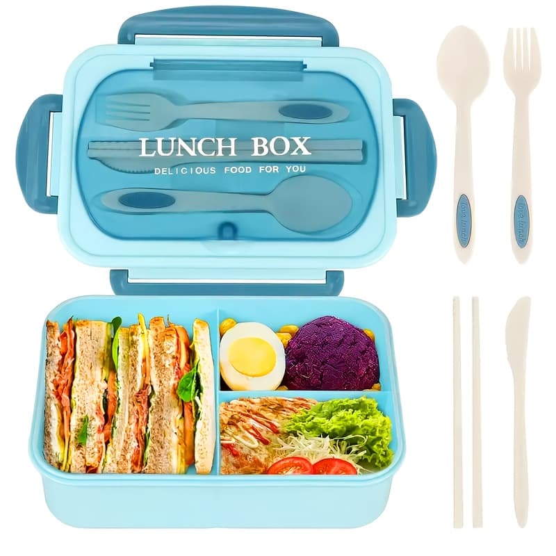 LDQ BPA-Free 3-Compartment Leak-Proof Lunch Box with Secure Locking Lid & Built-In Utensils - Microwave-Safe, 4 Colors (Green, Pink, Beige, Blue) - Durable Plastic Food Containers for School, Work, Outdoor Dining, School Meal Storage, Stackable Food Containers, Microwavesafe Containers - Image 1