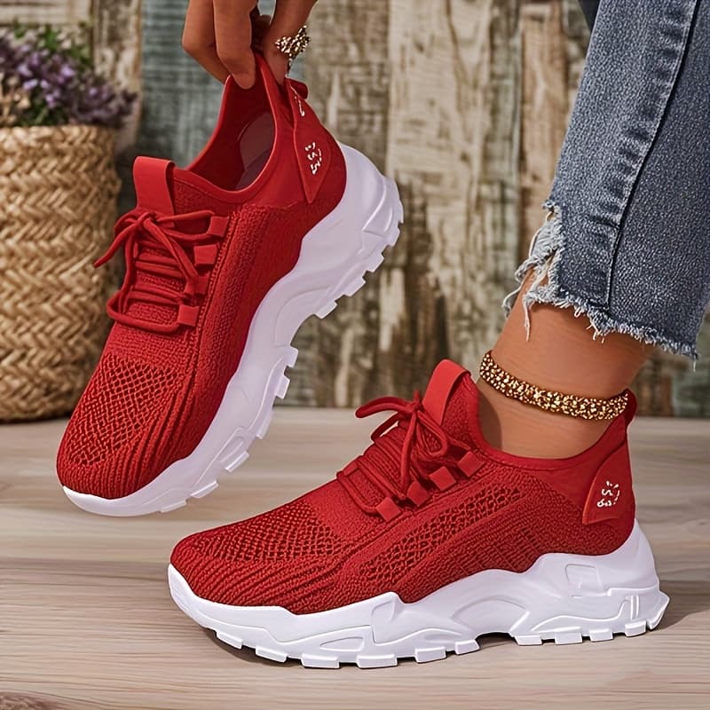 Women'S Lightweight Breathable Running Shoes - Red & White Low-Top Sneakers with Lace-Up Closure, Cushioned Rubber Sole for Summer Jogging, Casual Wear, and Outdoor Activities, Jogging Shoes, Comfortable Fabric Lining - Image 1