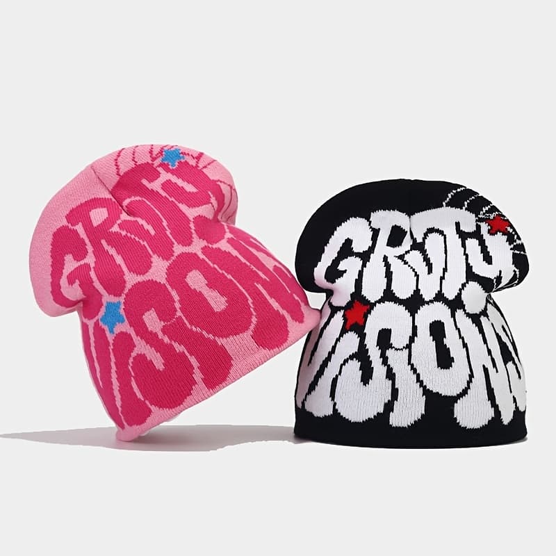 1pc Y2K Unisex Hip-Hop Knit Beanie, Acrylic Elastic Skull Cap with Letter Jacquard, Warm Ski Hat for Couples, No Feather, Hand Washable - Image 1