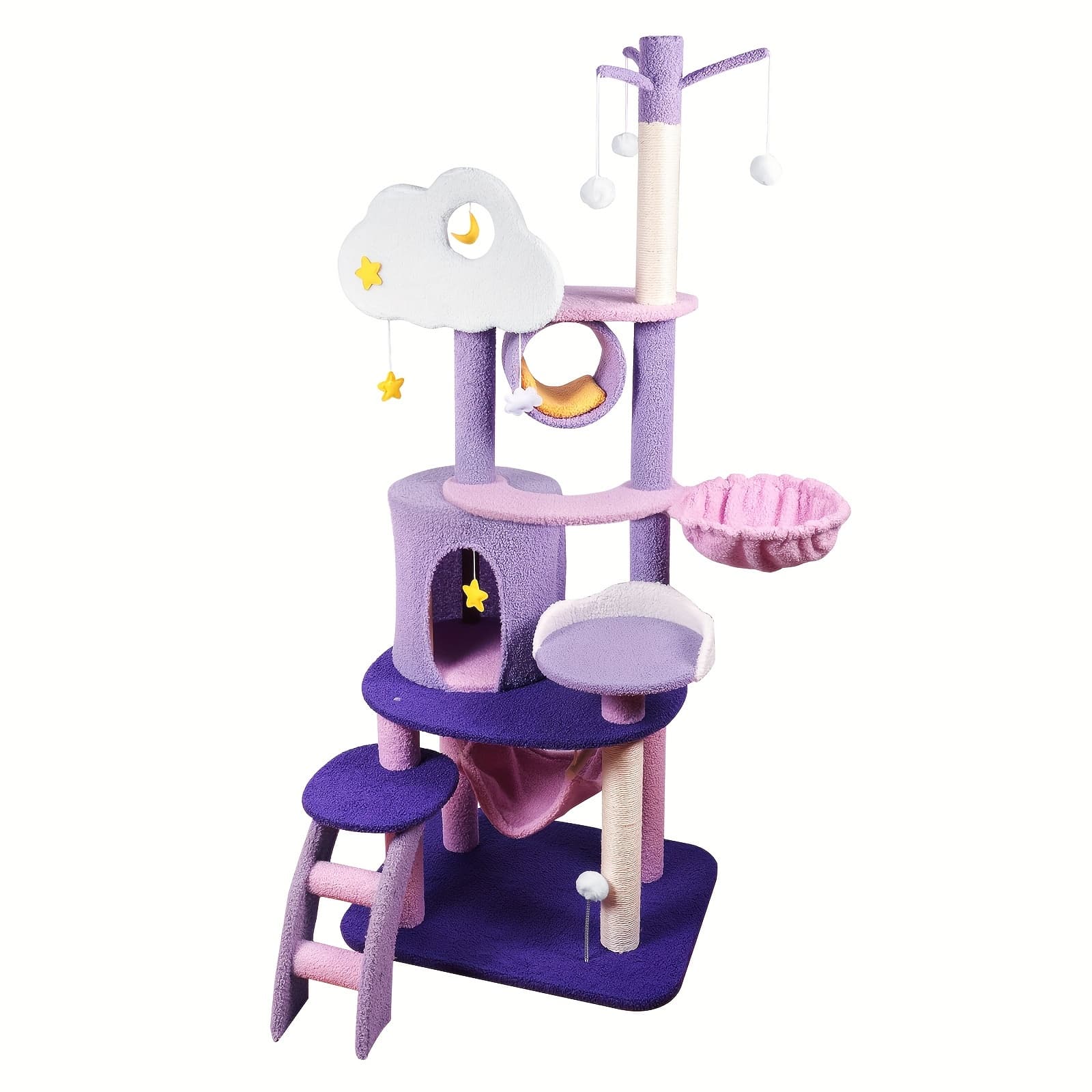 Extra Tall 65in Large Cat Tree Tower with Scratching Post, Multi-Level Platforms, Hammock, Condo, Stairs - Pink, Purple, White Pastel Colors - Sturdy Base Indoor Cat Furniture for Kittens & Adult Cats - Easy Assembly, Cat Tower for Large Cats, Whimsical Pet Furniture, Ultrasoft Plush Fabric - Image 1