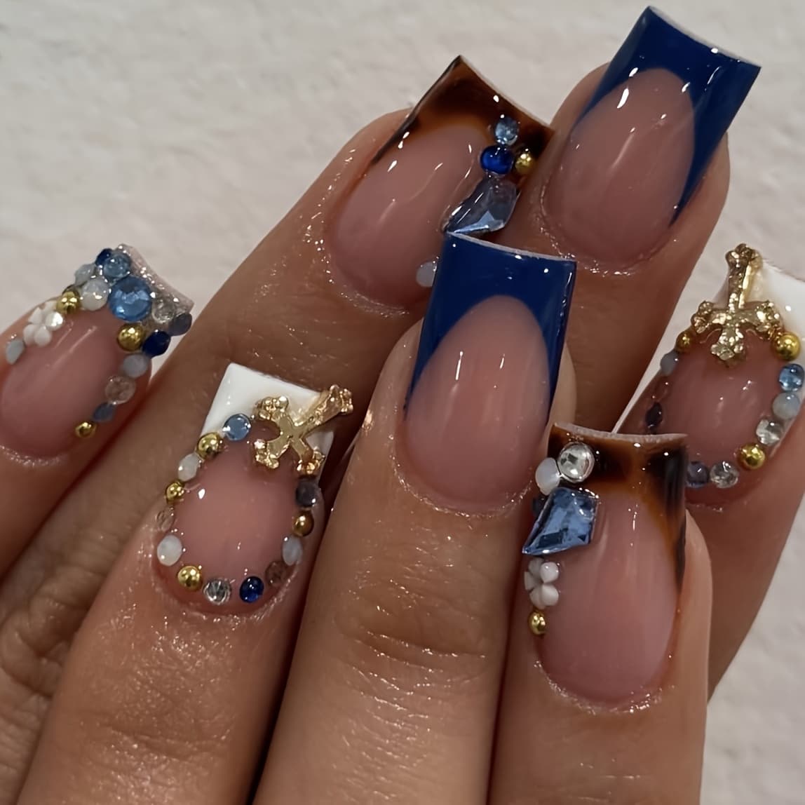 10pcs Set Of Handmade Wearable Nail Stickers For Women, Fully Covered Nail Stickers, Reusable Square Nude Color, Blue French Sparkling Diamond Nail Art, Shiny Nail Art For Women, All Covered Nail Stickers For, Nail Art Party, Nail Art - Image 1
