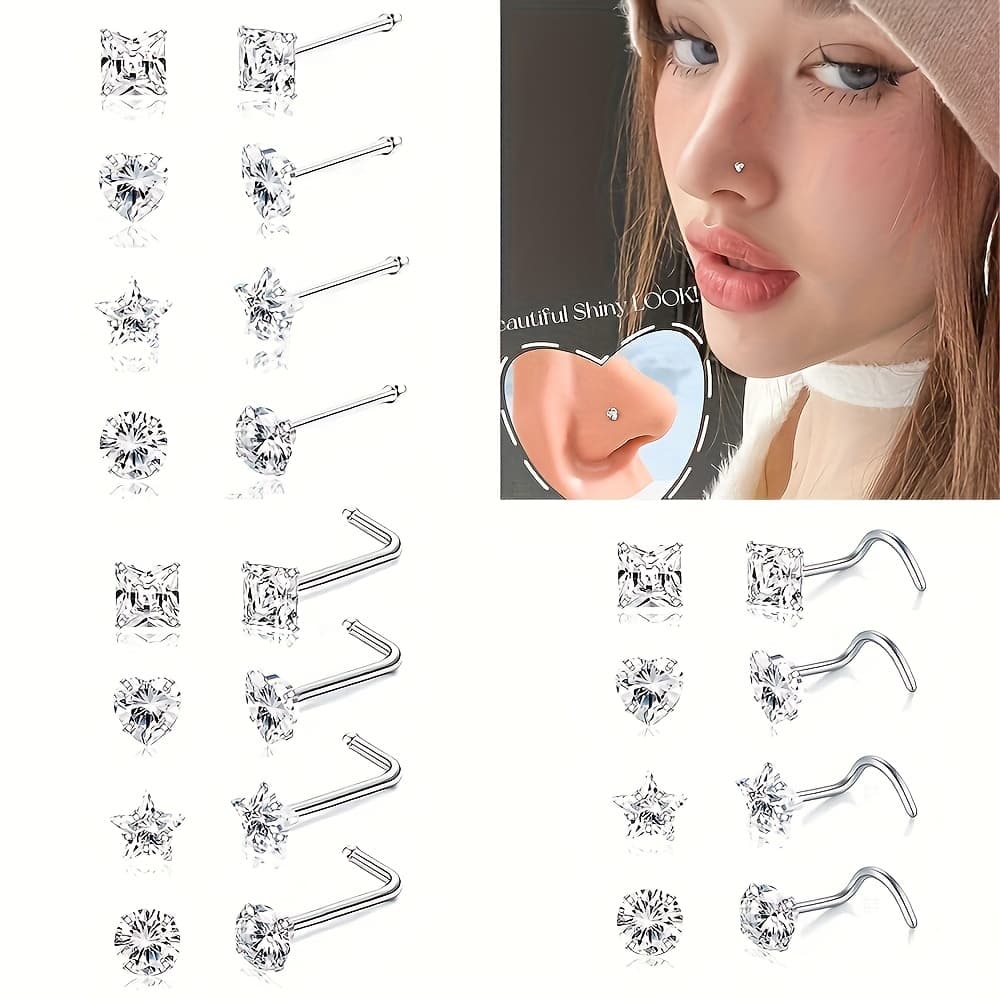 4pcs Set 20G Surgical Steel Hypoallergenic Nose Piercing Jewelry with 5A Grade Cubic Synthetic Zirconia for Women's Nose Studs - Perfect for Casual Attire And Makes An Ideal Gift for Valentine's Day, Mother's Day, Back to Season And Christmas - Image 1