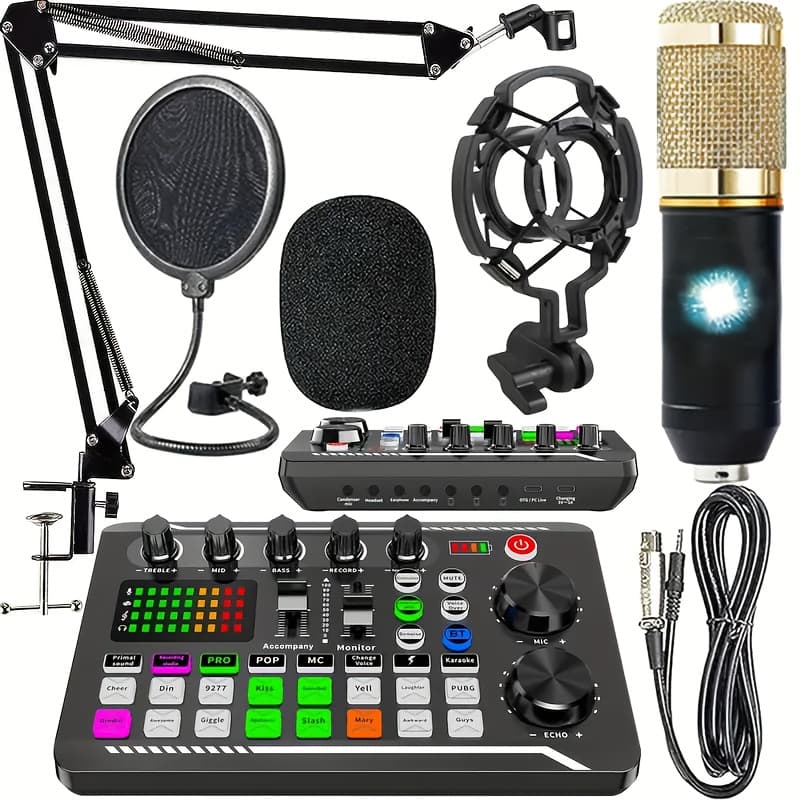Podcast Equipment Bundle, Live Sound Card with Dj Mixer Effects & Voice Changer, F998 Live Sound Card Audio Mixer with Studio Condenser Microphone, Perfect for Live Streaming, Podcasting, Gaming & DJ. - Image 1