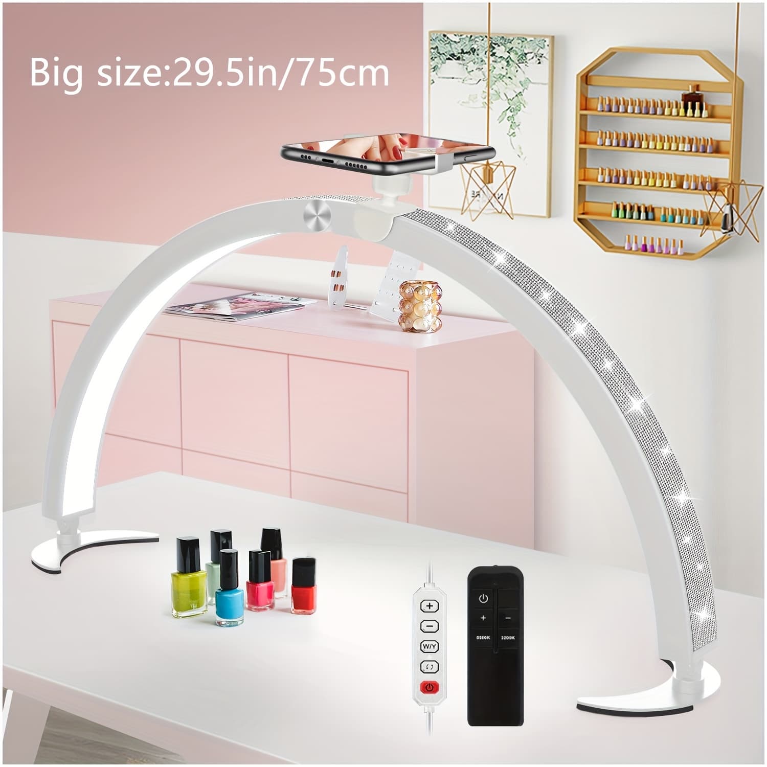 Half Moon Shaped Nail Lamp with Phone Holder, 29 Inch 40W Nail Lamp, Nail Table Lamp with Wired Controller and Remote Control, 7 Color Modes, 10 Brightness, for Beauty/Eyelashes/Tattoo/Crafts (Table lamp) - Image 1