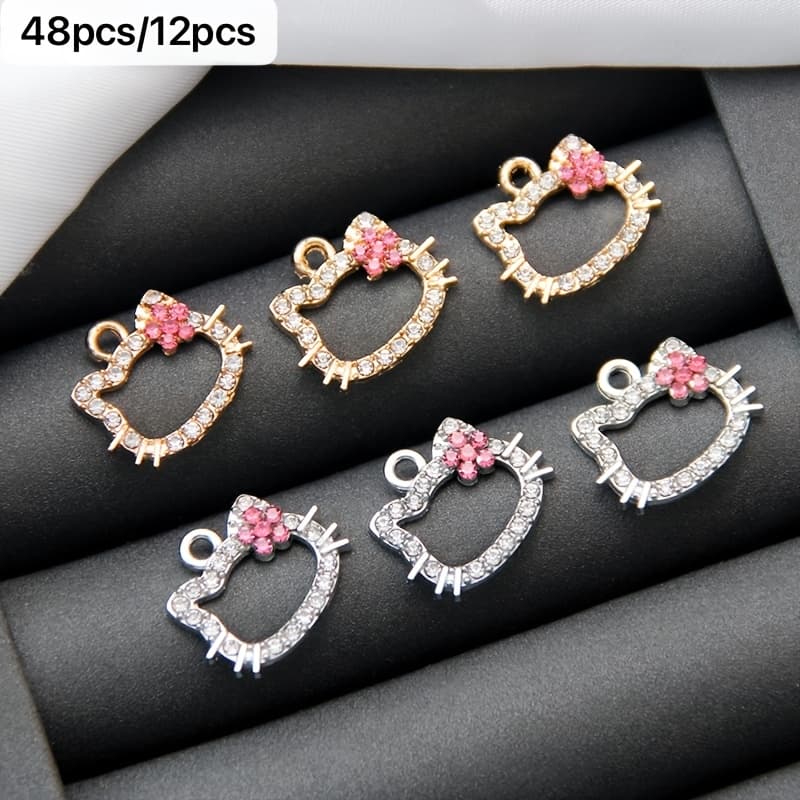 12pcs/48pcs Random Mixed Color for hello kitty Handmade DIY Metal Pendant Accessories 3D Bow + Pink Flower Heart Necklace Earring Material Kit Suitable for Jewelry Making, Necklaces, Earrings, Bracelets, Keychains and Craft Pendants, Handmade Jewelry, DIY Jewelry Making, Floral Design, Cute Pendant, Detailed Craftsmanship, Metal Charms, Charm Set, Jewelry Findings, DIY Hobbyists, Jewelry Makers - Image 1