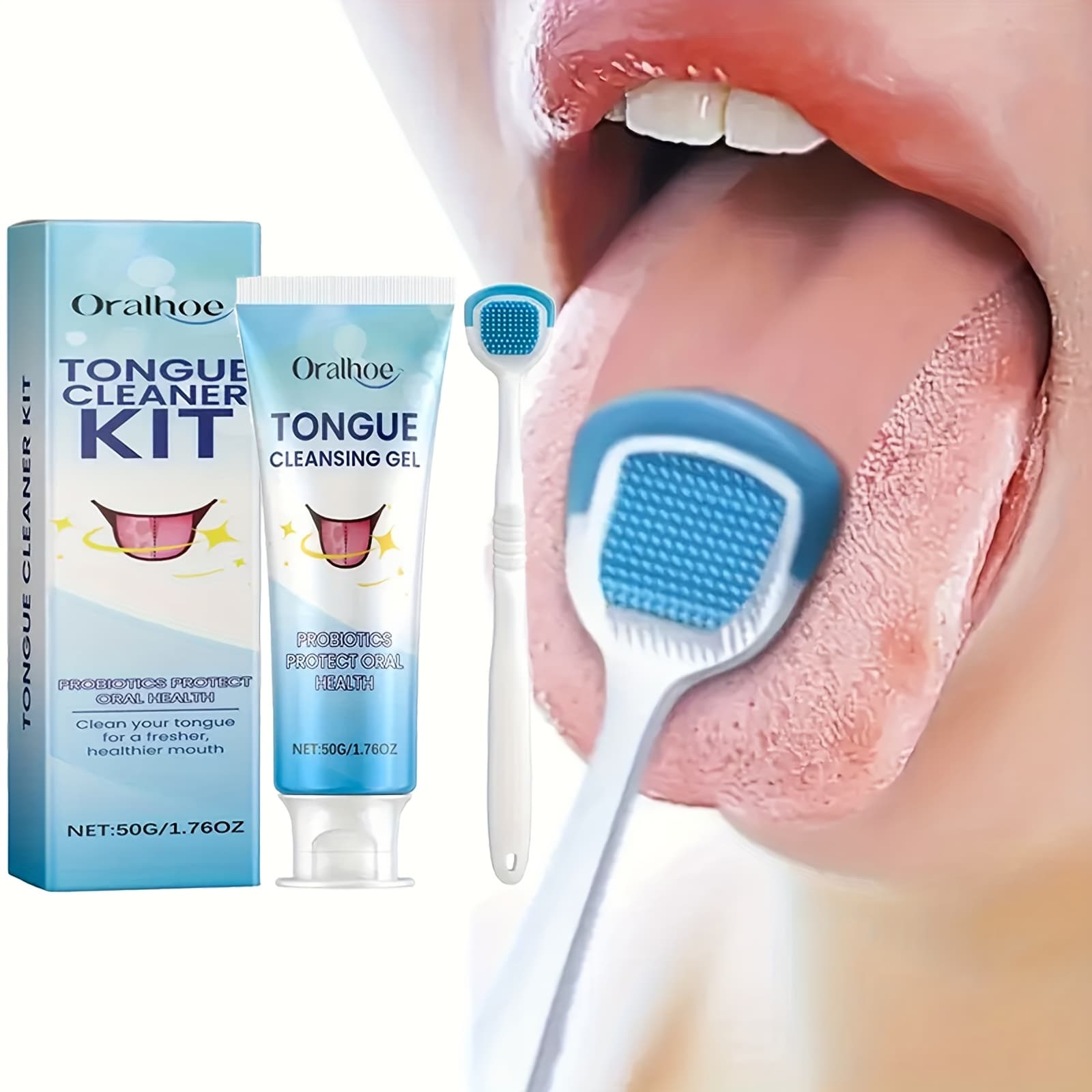 Ensemble de nettoyage de la langue, comprend un gel nettoyant probiotique de 50g et 1 brosse à langue, nettoie la surface de la langue, maintient la bouche fraîche, adapté aux soins bucco-dentaires quotidiens après les repas, cadeau de la fête des mères pour les femmes - Image 1