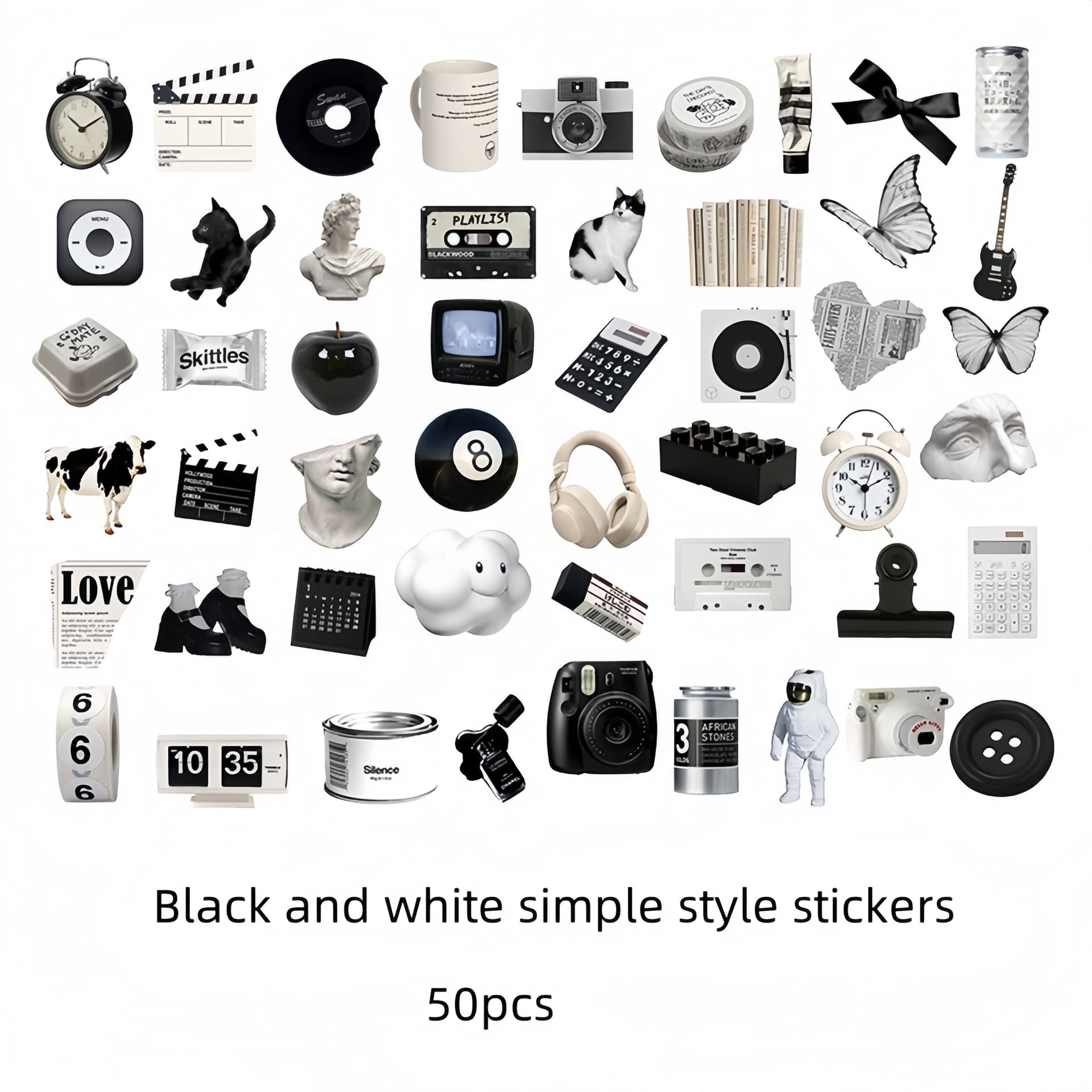 50-Piece Black and White Sticker Pack, Simple Style Paper Skins & Decals for DIY, Laptops, Tablets, Journals - Versatile Assorted Designs for Gifting and Personalization - Image 1