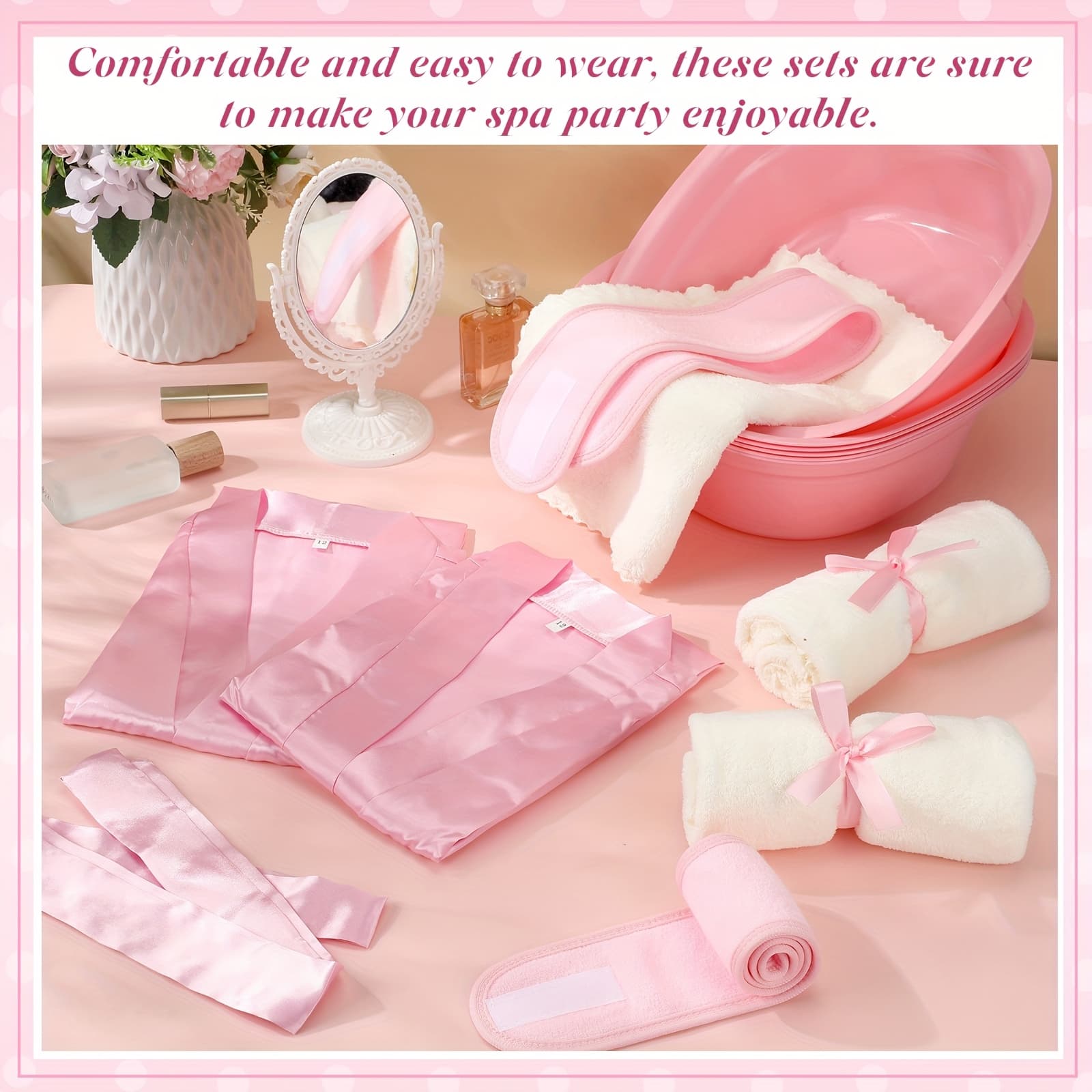 24pcs Spa Party Supplies Includes 6 Spa Party Robes 6 Basins 6 Makeup Headband 6 Towels For Sleepover Bath (Pink) - Image 1
