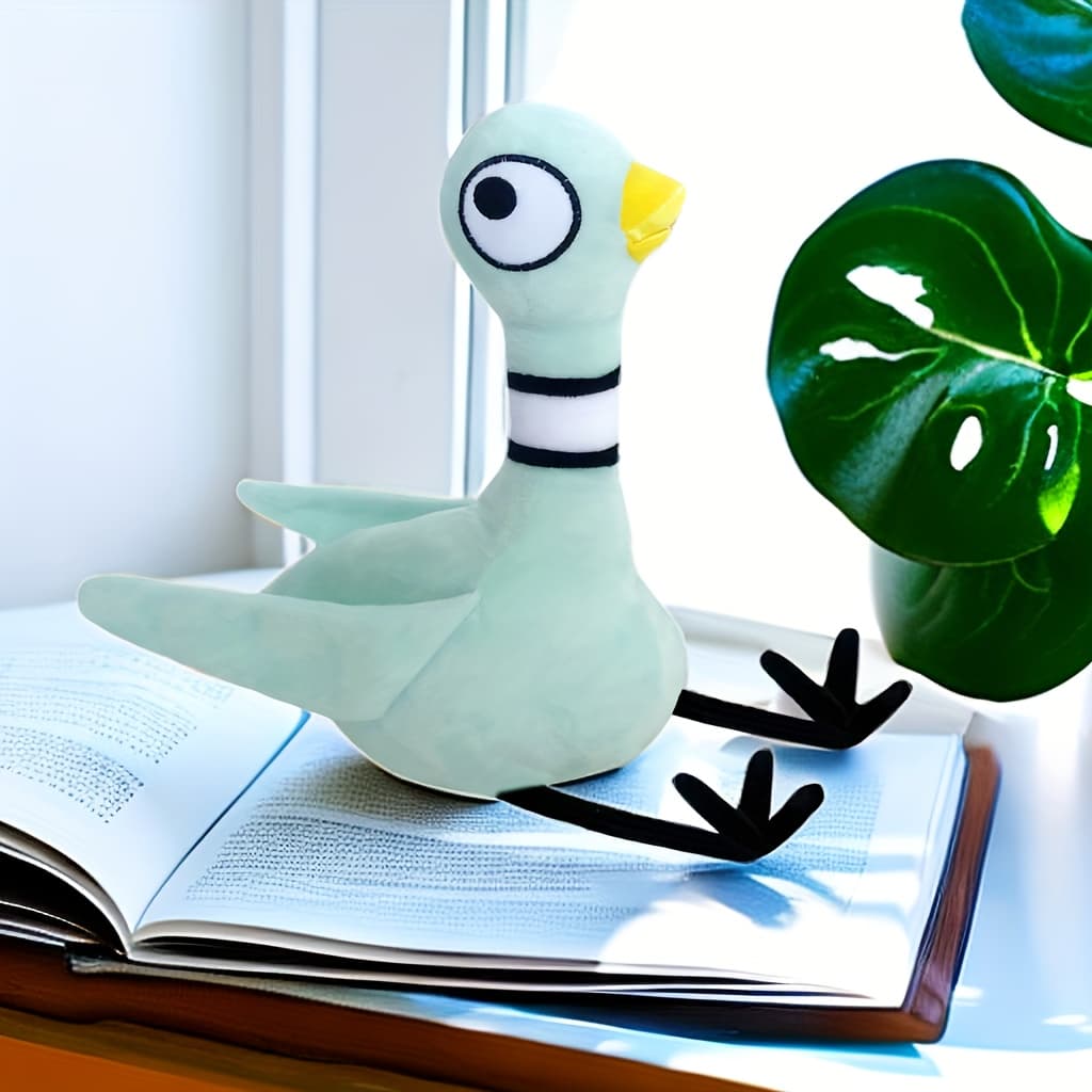 Disney's Don't Let The Pigeon Drive The Bus Plush Toy & Storytime Puppet - Official Mo Willems Book Character Stuffed Animal with Expressive Eyes & Fluffy Feathers, Interactive Gift for Kids Boys & Girls, Birthday Party Favors, Reading Companion, Soft Fabric Material in Light Green with Black Beak & Black/White Striped Legs, Perfect for Storytime Fun - Image 1