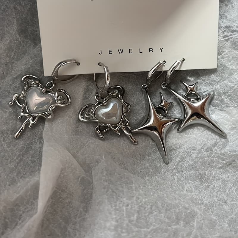 4pcs Y2K Fashion Earrings Set, Elegant Punk Heart & Star Drop Dangle Earrings with Imitation Pearl Inlay, Zinc Alloy & Copper, Versatile Jewelry for Women, Perfect for Music Festivals, Gifting, Vacation Accessory - Image 1