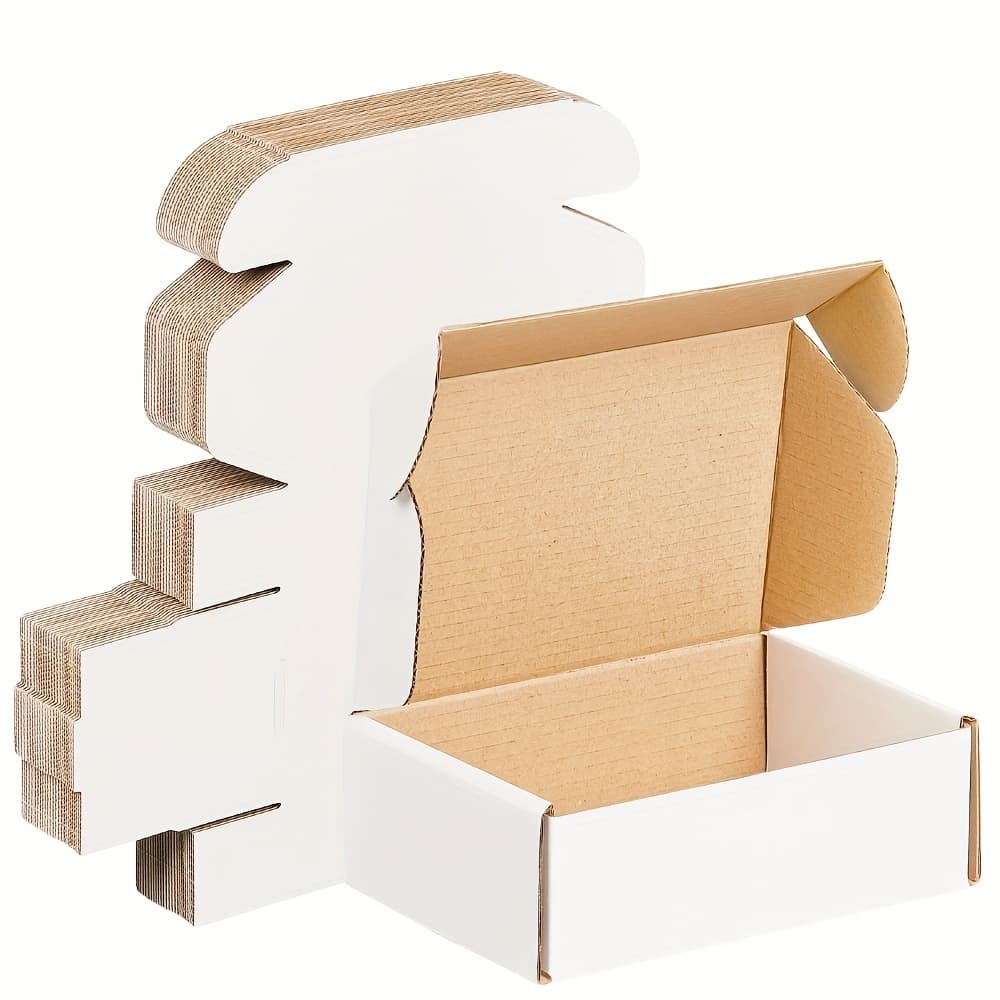 DEVOIRS 50pcs 6x4x2 Inches Small White Boxes includes Two Stickers.White Corrugated Cardboard Box Ideal for Safe Storage, Shipping, and Gifting Mailer Shipping Boxes Packing Box Gift Present Box, For Small Business Packaging Craft Festival Christmas - Image 1