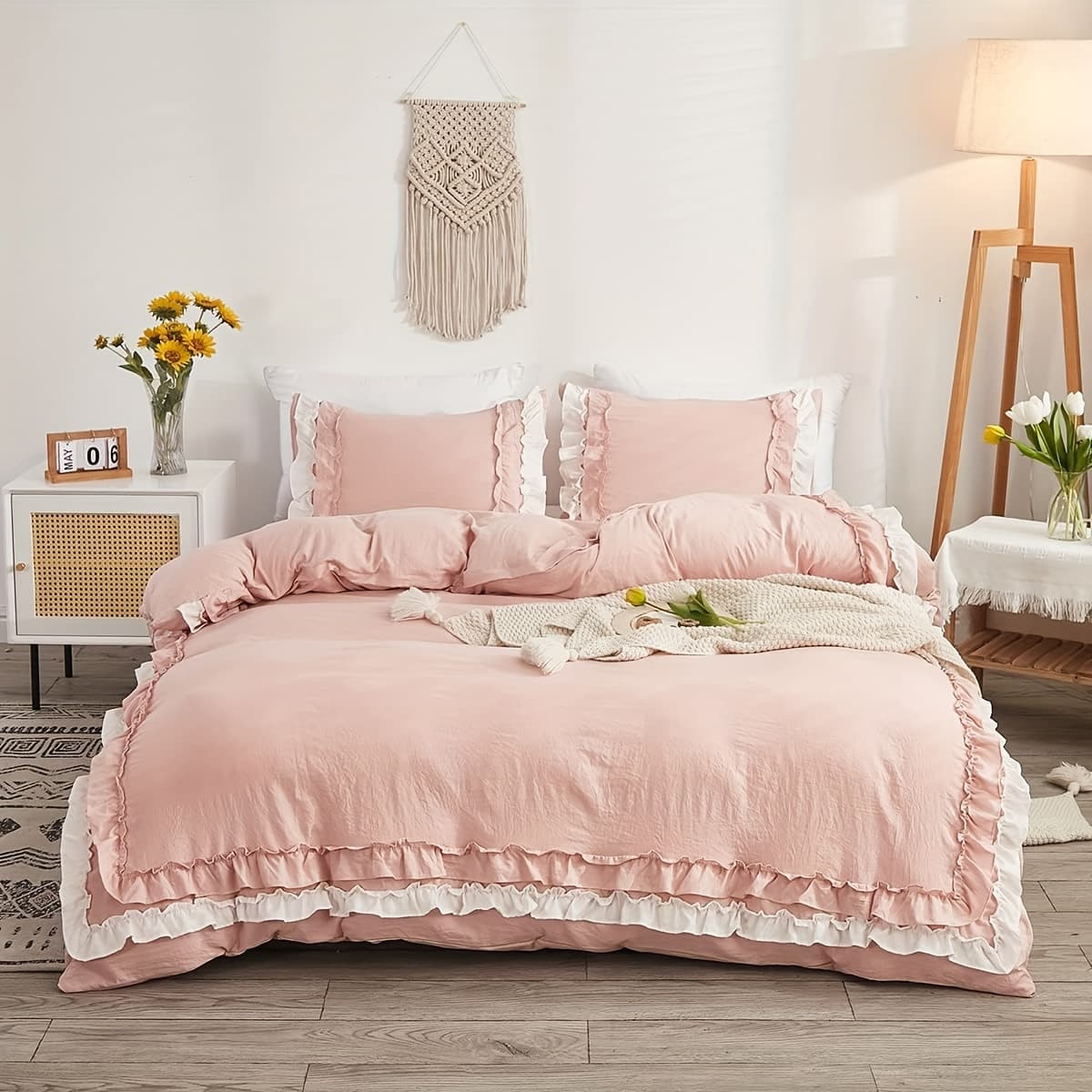 Pink Ruffled Chic Duvet Cover Set - Soft Vintage-Inspired Comforter Cover with 1 Row of Handmade White Ruffle Fringe - Luxurious Bedding for a Romantic Ambiance - Image 1