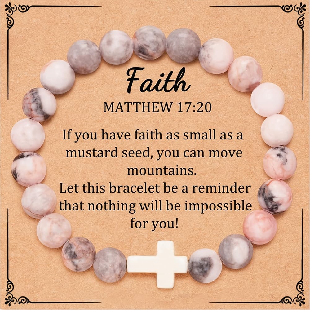 Vintage-Inspired 8mm Natural Stone Cross Bracelet - Perfect Christian Gift with Prayer Card, All-Season Wear for Women - Image 1
