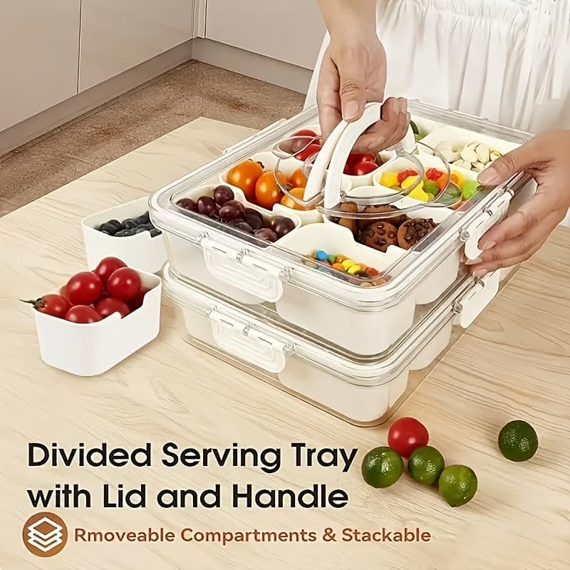 1/2pcs Reusable Snack Containers, Food Storage Boxes with Lids And Handles, an 8-Compartment Serving Tray, Perfect for Carrying Vegetables, Fruits And Snacks, Great for Travel, Camping And Picnics - Image 1