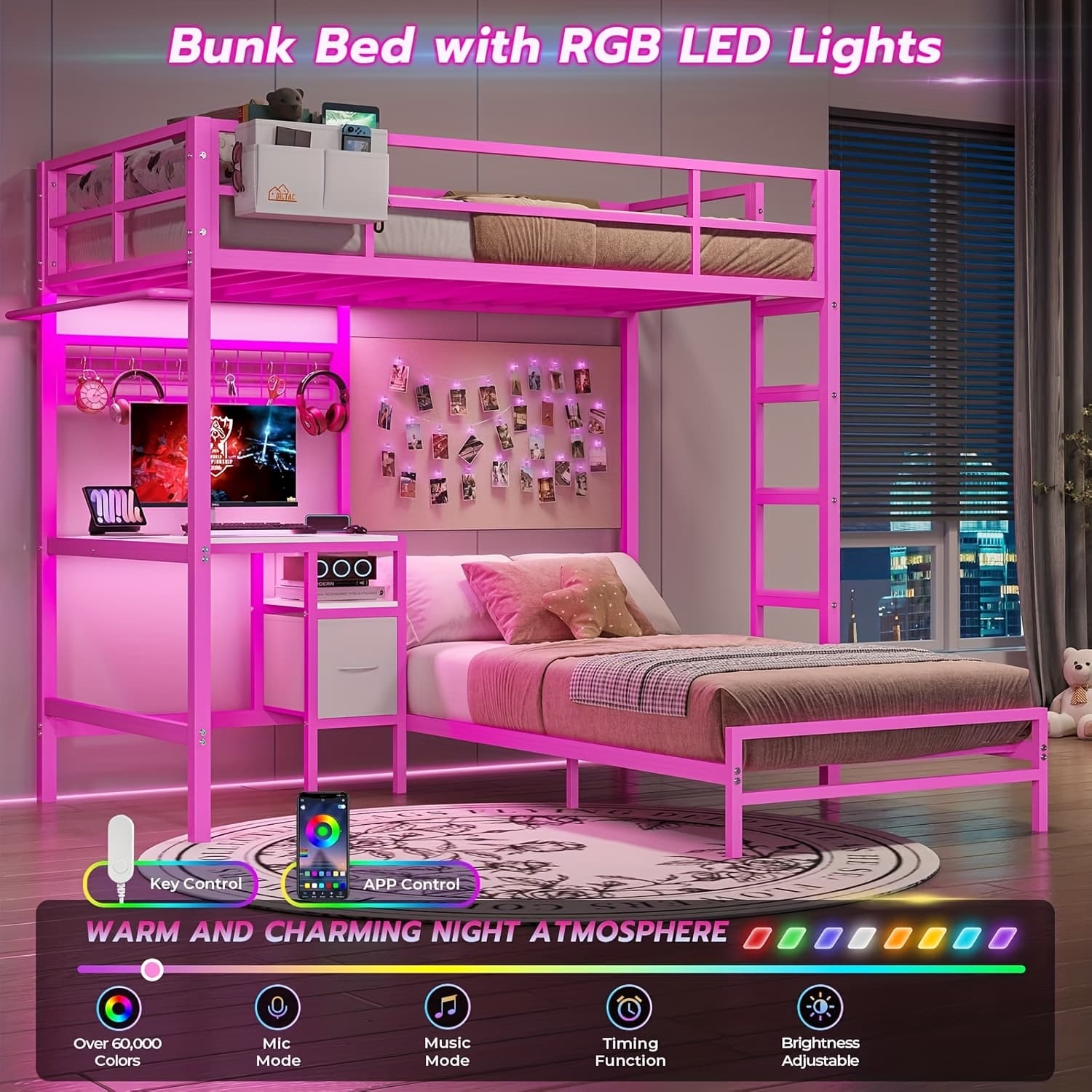 Twin Size Bunk Bed With Desk&Drawers For Bedroom, Twin Over Twin Size Bunk Bed With Charging Station&Led Lights, Pink Loft Bed Frame With Storage Shelves&Full-Length Guardrail And Ladder - Image 1