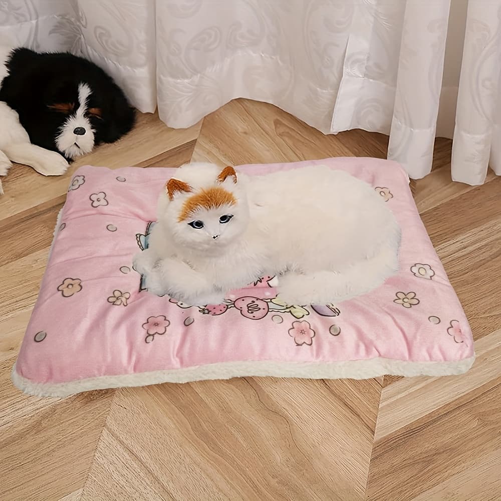 Sanrio Hello Kitty Plush Pet Bed - Soft Pink & White Heart & Bow Design with Hello Kitty Face, Cozy Polyester Filled Rectangular Cat Bed for Indoor Use, Cute Cat Bed for Girls Room, Durable Plush Cushion for Small Cats, Double-Sided Plush Material with Heart Patterns, Warm and Comfortable for Cats, Ideal for Indoor Use, Adorable Hello Kitty Design, Soft Polyester Filling, Stylish and Functional Pet Bed, Large Cat Bed, Pet Beds for Cats, Cat Bedding, Kitten Bed, Fur Pet Bed, - Image 1