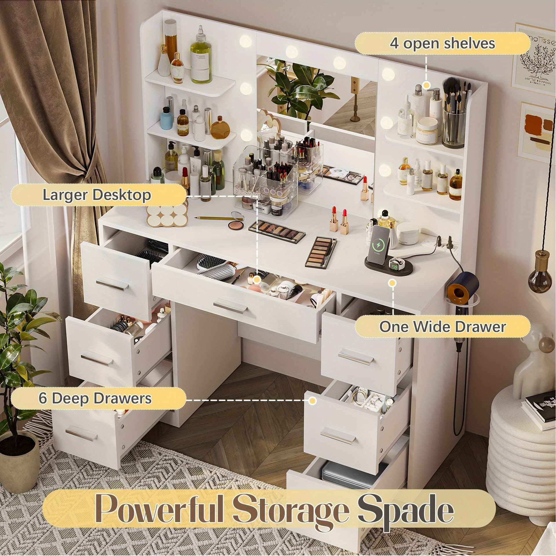 USB Socket and 3-Color Adjustable Light - Large Storage Vanity, 7 Drawers, Side Hair Dryer Holder, Bedroom Mirror - Image 1