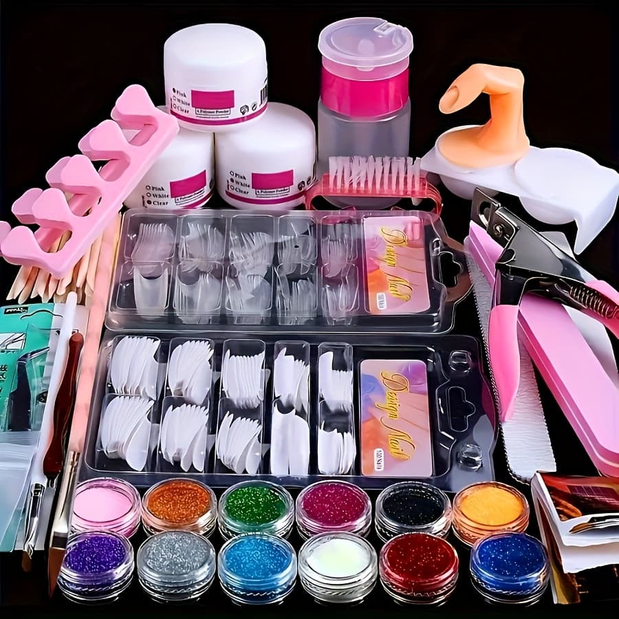 23 In 1 Beginner Acrylic Nail Kit - Contains 12 Colors Of Pink, White And Pink Glitter With Bonus Extension Tool - Contains Nail Paint Brush And Manicure Tools, No Batteries Required, Nail Art Kit For Women - Image 1