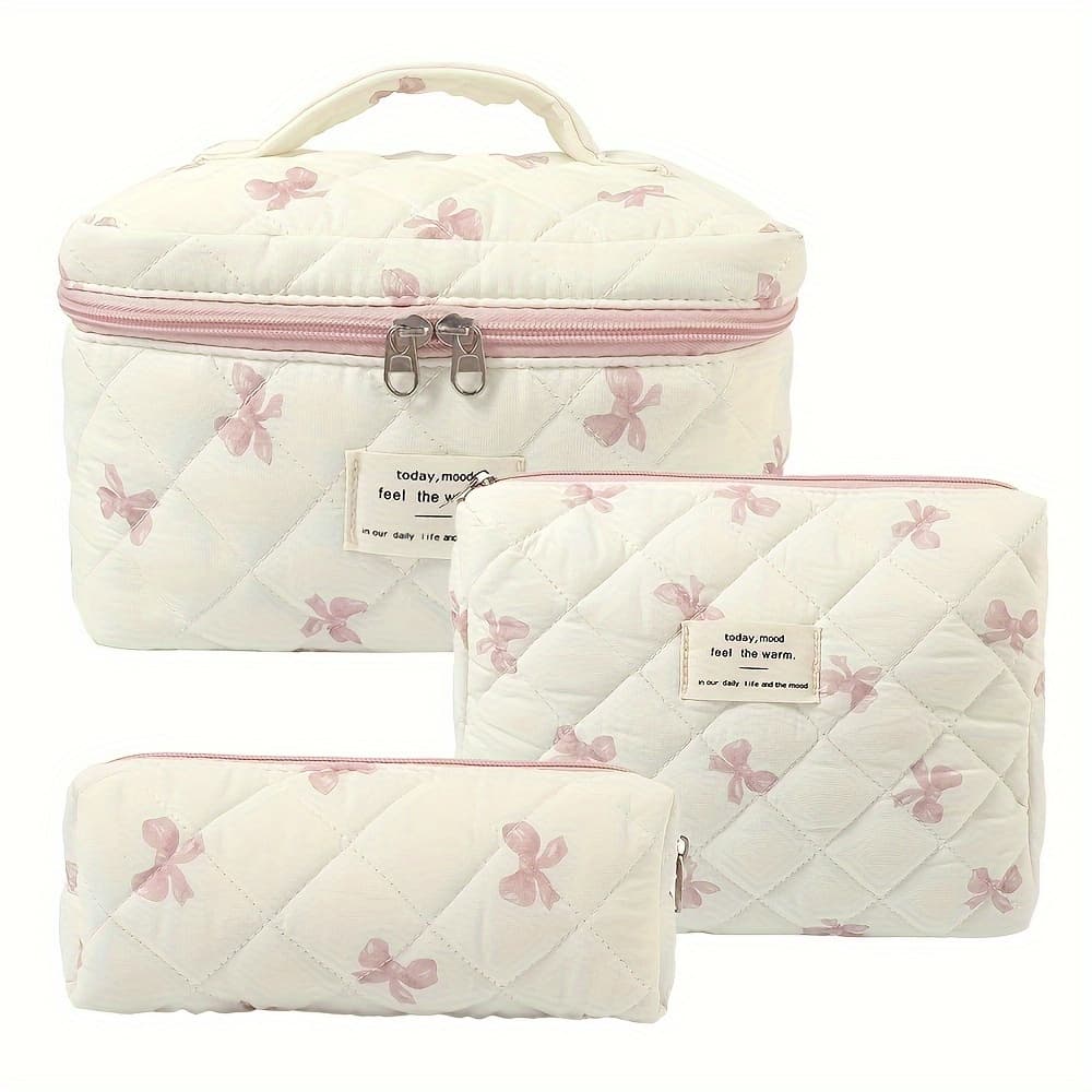 Stylish 3-piece Quilted Cotton Floral Makeup Bag Set - Women's Lightweight Non-waterproof Toiletry Storage Bag - Image 1