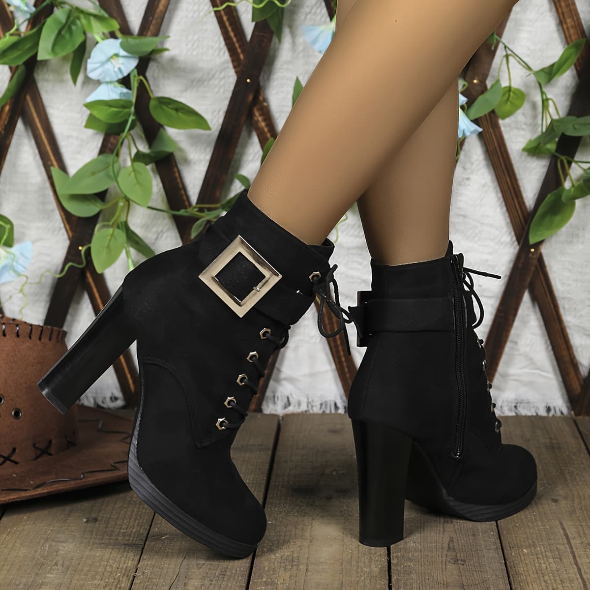 women's casual chunky heel ankle boots round toe lace detail - Temu Australia - Image 1