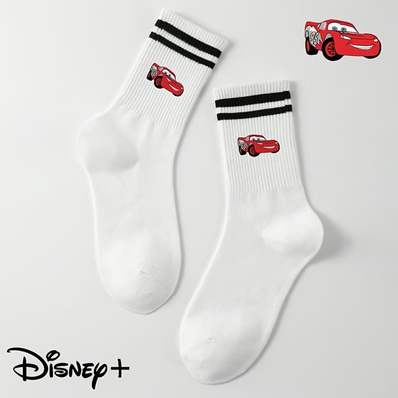 1 Pair of Disney "Cars" Lightning Mcqueen And Mater'S Car Cartoon Pattern, Two-Bar Parallel Bar Boys And Girls Mid-Tube Socks, Simple And Versatile, Soft And Breathable Without Sweating, For Teenager - Image 1