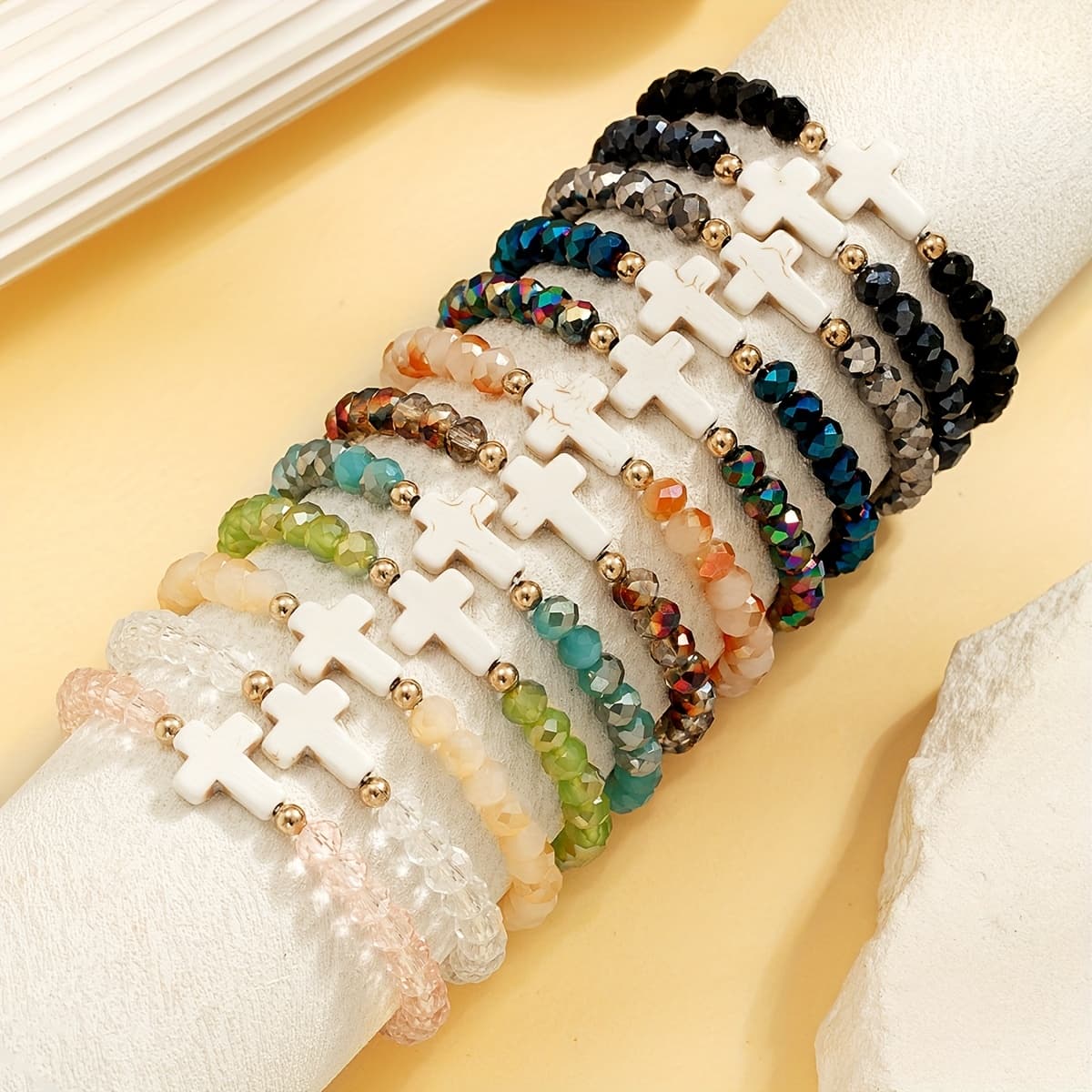 6/12pcs of Vintage Elegant Colored Glass Beaded Cross Bracelet Set, Women'S Elastic Stacking Bracelet Jewelry, Suitable for Daily Wear, Gifts for Family And Friends - Image 1