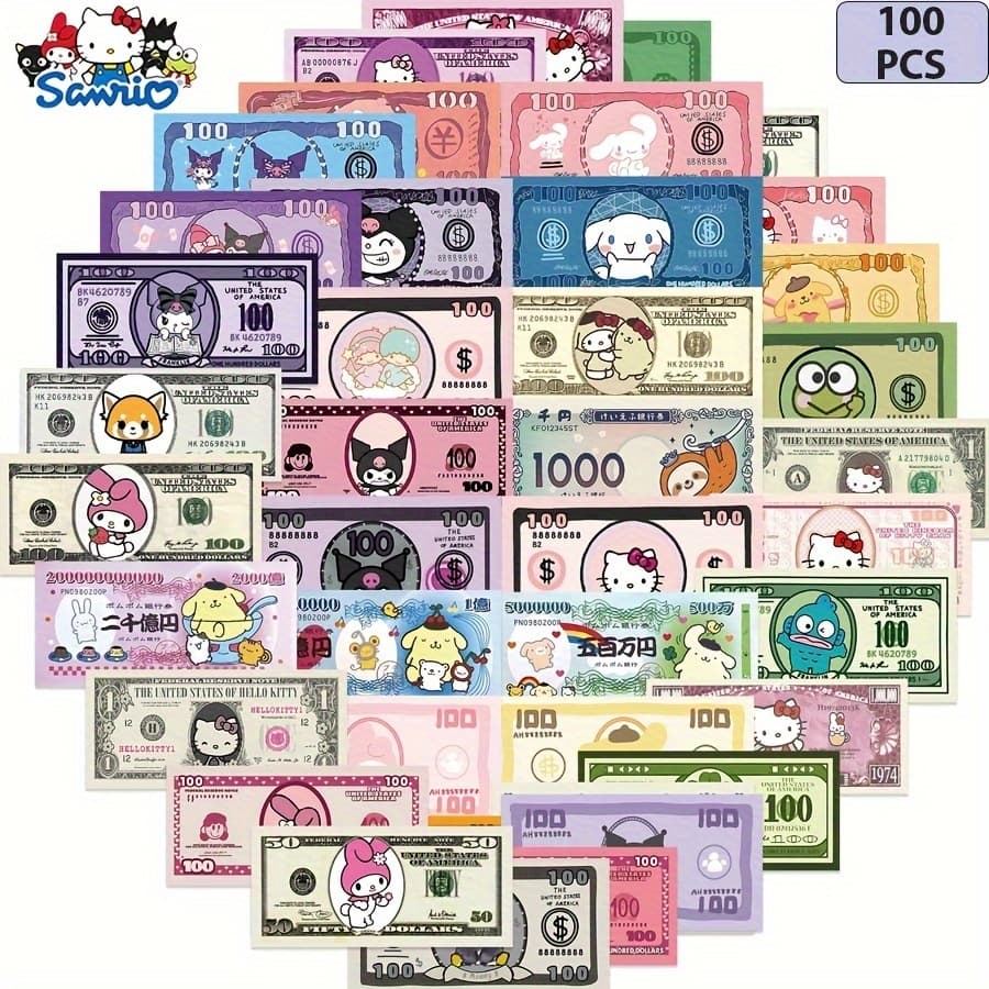 ( By Sanrio Official) 100pcs Sanrio Kuromi, Hello Kitty And Other Sanrio Character Silvery Ticket Stickers - Cute Cartoon Decoration Suitable for Laptops, Phones And More - High Quality, Durable Paper Material, Cute Stickers. - Image 1