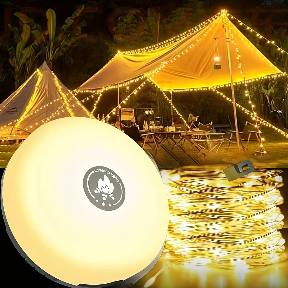 Pack of 1 Camping Light String, Warm Light USB Rechargeable Outdoor Camping Lamp, IP44 Portable Camping Light with 5 Modes and Adjustable Brightness, Durable Halloween Fairy Christmas Lights, Perfect for Thanksgiving - Image 1