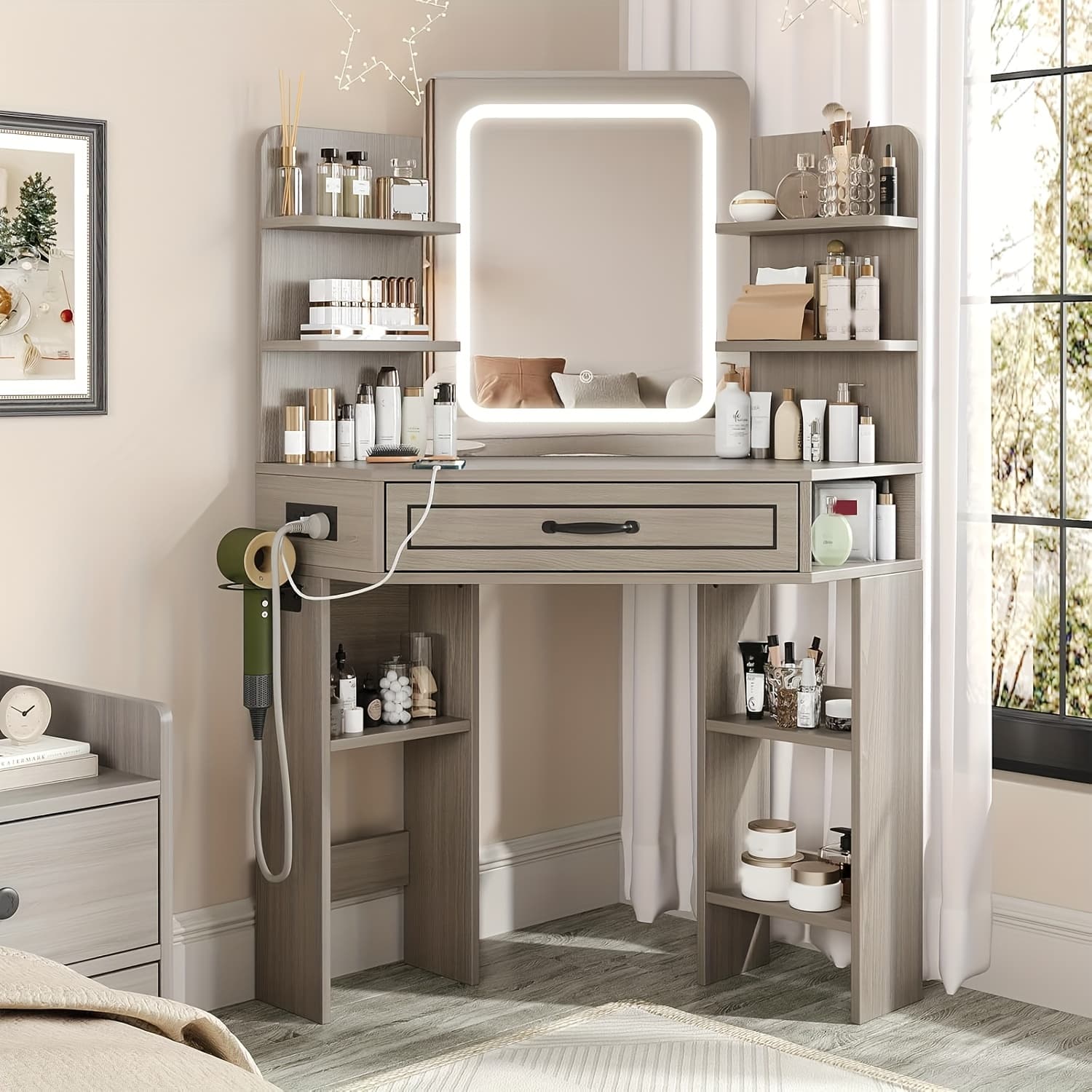 Vanity Desk, Corner Vanity with Large LED Mirror, Lots Open Shelves, Gray Vanity with Charging Station, Farmhouse Makeup Vanity Table with 3 Lighting Modes, Brightness Adjustable - Image 1