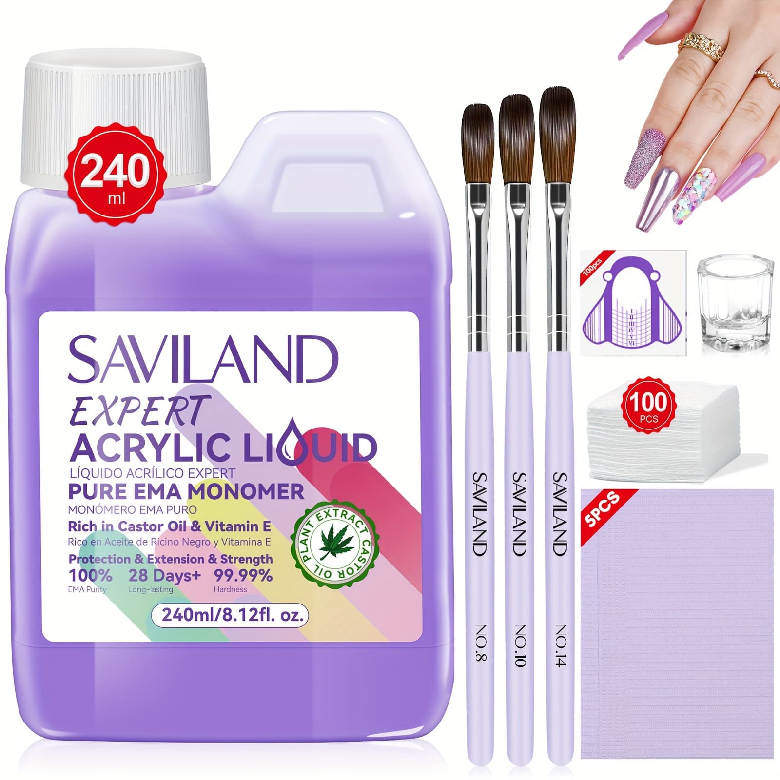 SAVILAND Salon-Grade Odorless Acrylic Liquid Monomer (8oz) - Castor Oil & Vitamin E Enriched Formula With Complete Nail Kit (Brush/Dappen Tray/Mat), Low-Fume EMA Technology For Healthy Nail Art 2025 - Image 1