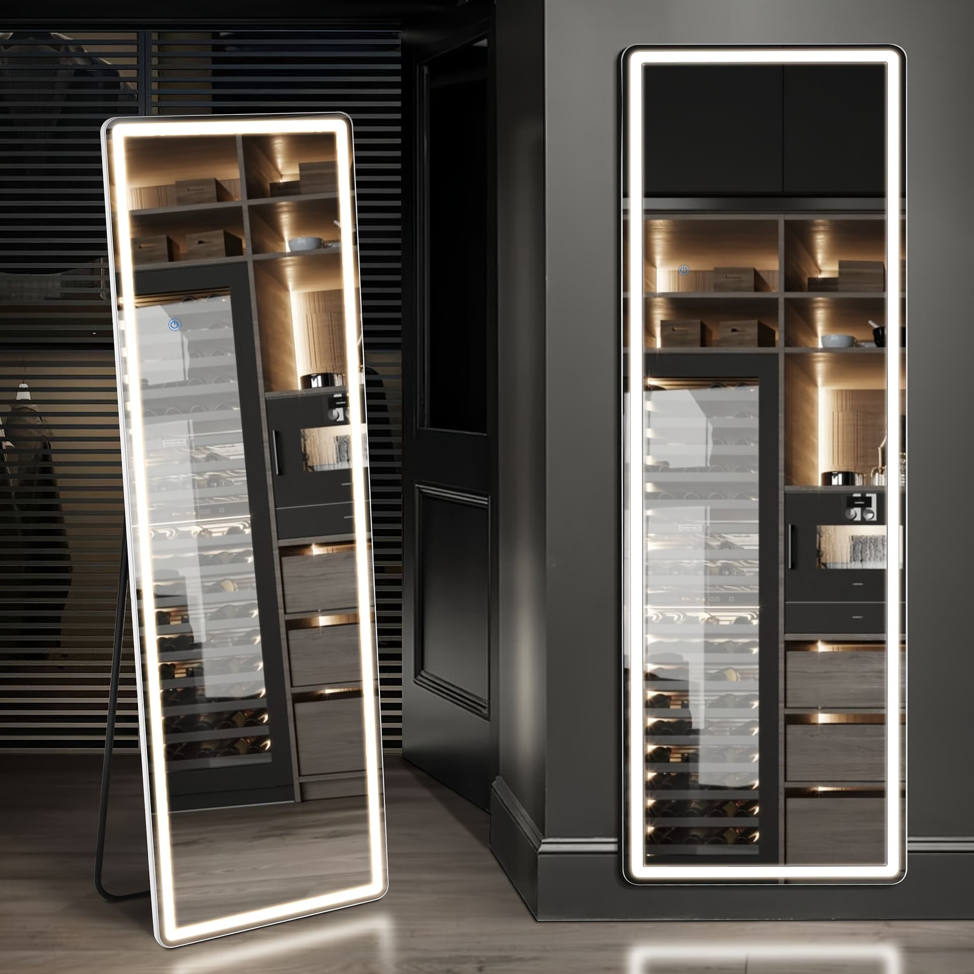 SMUG 64"x21" Mirror Full Length Standing Mirror With LED Lights, Lighted Floor Mirror With Stand, W/Dimming & 3 Color Lighting, Wall Mirror Full Length Aluminum Alloy Thin Frame - Image 1