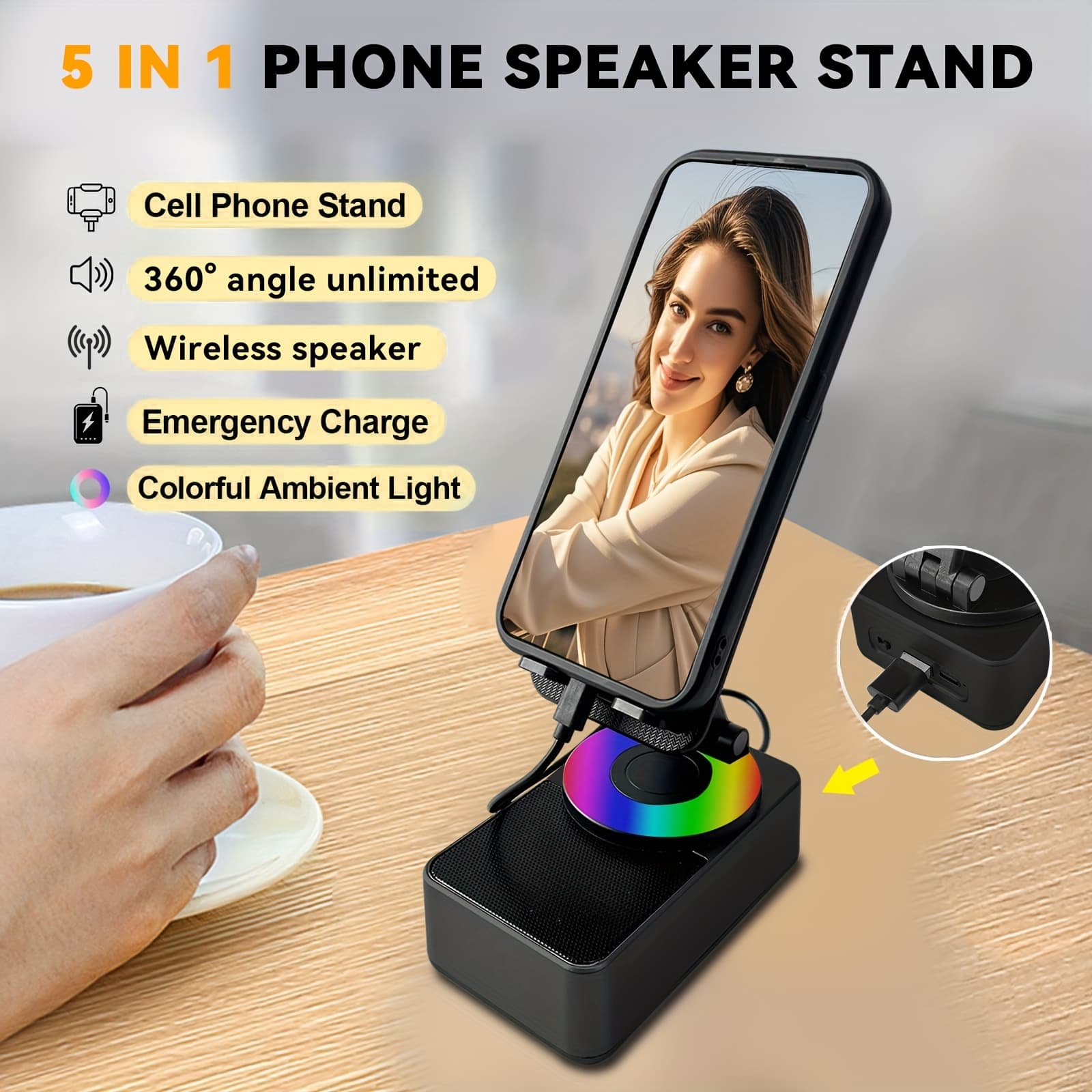 5-In-1 Wireless Speaker Phone Holder Emergency Rechargeable (2000mAh) with Colorful Ambient Light 360° Foldable for Tablet iPhone Android, Gifts for Men Women (Black, White) - Image 1