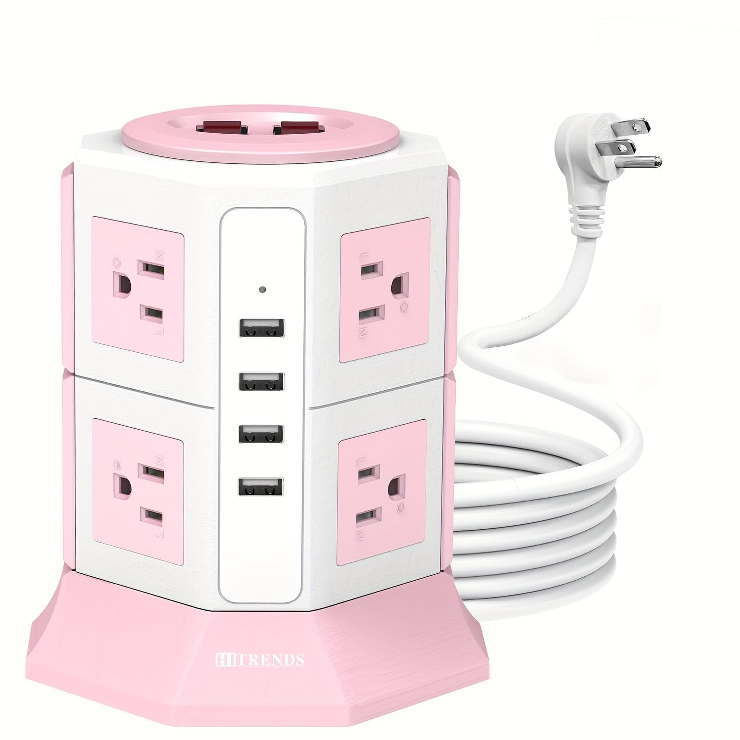 Tower Surge Protector with 10 AC Outlets and 4 USB Ports (5V/4.2A), 10A 1050Joules, 78.74inch Extension Cord, Suitable for Home Bedroom Office, Pink and White - Image 1