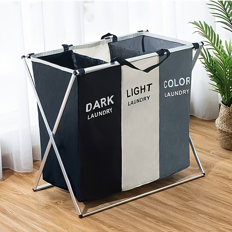 1 large premium color matching folding laundry basket with aluminum frame, including 3 mesh laundry sorting bag storage baskets, casual style, suitable for home bathroom storage, Shelf Baskets - Image 1