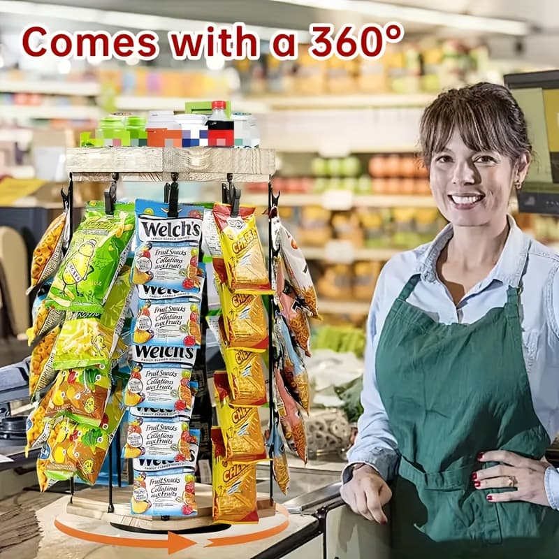 5-Tier Rotating Snack Organizer with Wooden Base – 360° Rotating Chip and Candy Display Rack for Concession Stands, Countertops, and Parties, Includes Information Display Labels, Parties Centerpiece | Decorative Display | Wooden Base Rack, Snack Display - Image 1
