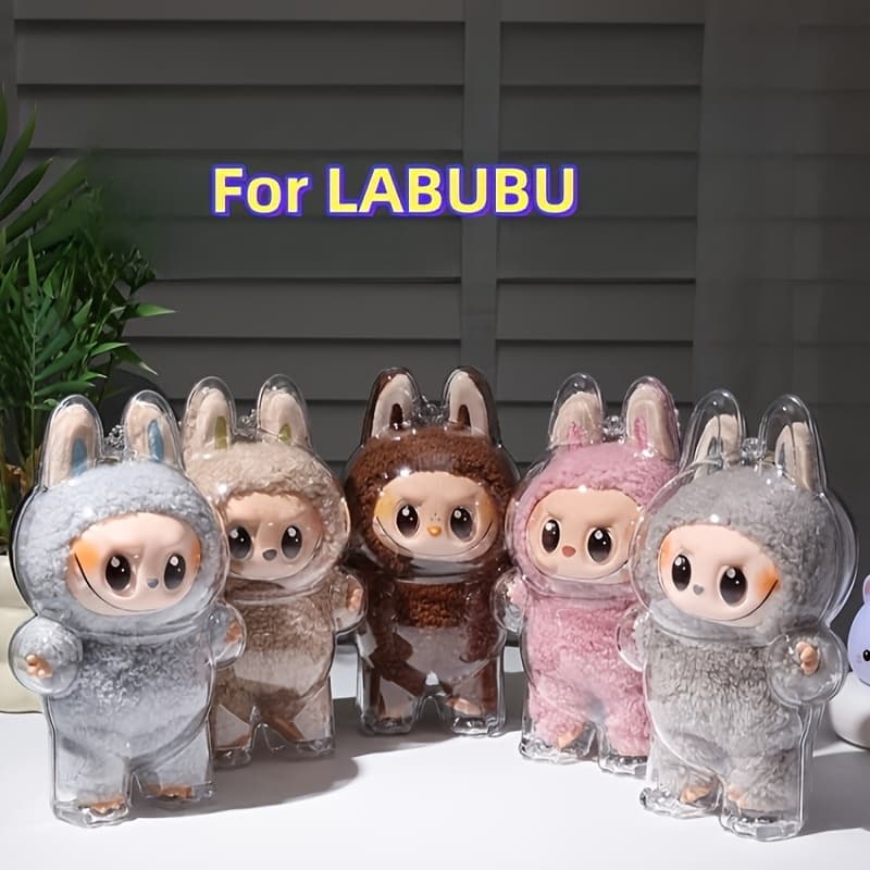 1pc Macaron Labubu PVC Protective Case - Transparent, Drop-Proof Cover for Figurines, Durable and Stylish Protection, Cute Labubu Design in Light Blue, Brown, Pink, and White, Perfect for Labubu Fans, Figurines Display | Playful Design | Durable PVC - Image 1