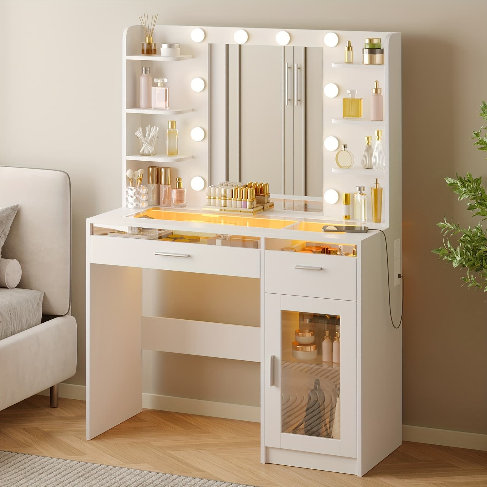SUPERLELE Vanity Desk with Lights - White, 3 Lighting Color Adjustable, 2 Drawers, Power Strip, 10 Lights, Makeup Vanity with Mirror - Image 1