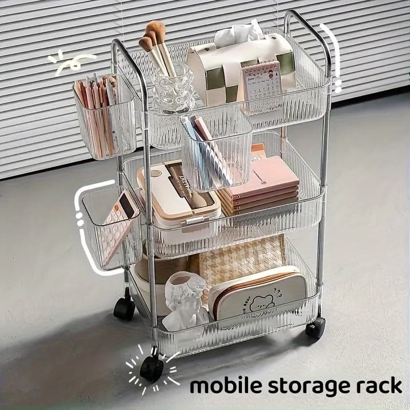 Deluxe 3/4 Tier Clear Storage Cart with Wheels - Multipurpose Rolling Organizer for Home And Office, Perfect for Bedroom, Living Room, Bathroom - Ideal for Cosmetics And Essentials, Utility Rack, Storage Racks,"Rolling Cart - Image 1