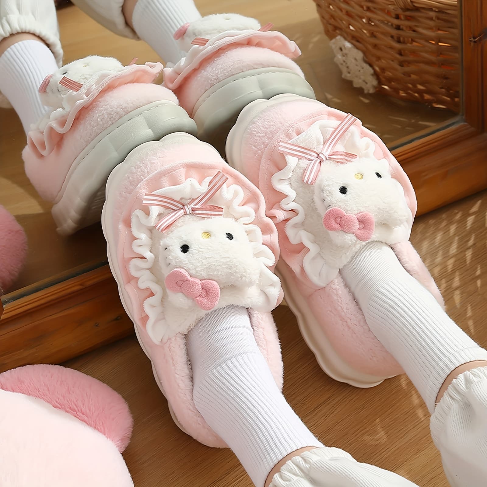 Cute Pink Hello Kitty Cozy Plush Slippers for Women - Soft Padded Non-Slip Sole, Warm Platform Design, Y2K Cartoon Style - Home Relaxation, Perfect for Home & Camping, Camping Slippers, Cute Home Shoes, Nonslip Sole, Valentine's Day Gifts - Image 1