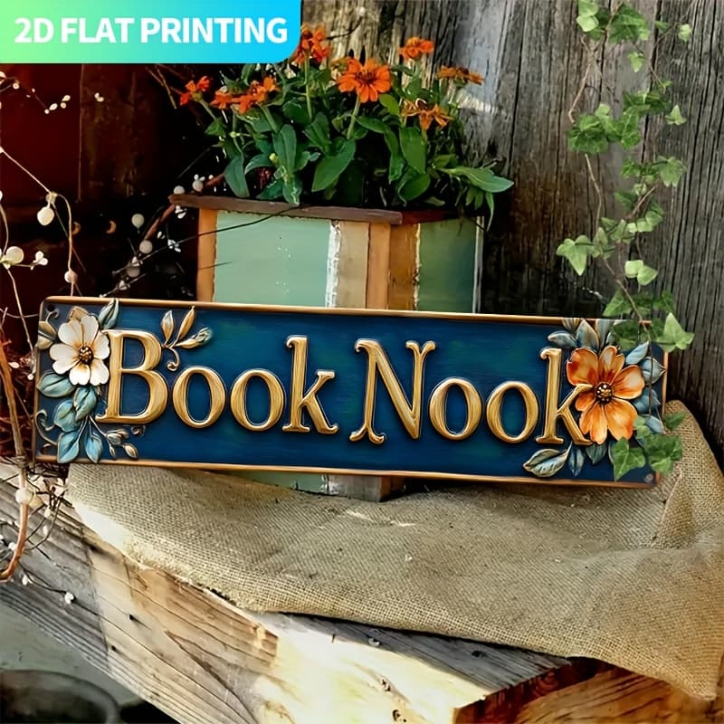 2D Flat, 16x4 Inch Rustic Metal Wall Art Sign - Vintage Book Nook Decor with Golden Lettering & Floral Design, Farmhouse Home Office Library Decor, Inspirational Gift for Book Lovers, Books Decor, Artistic Metalwork, Durable Decoration, 2D Flat - Image 1
