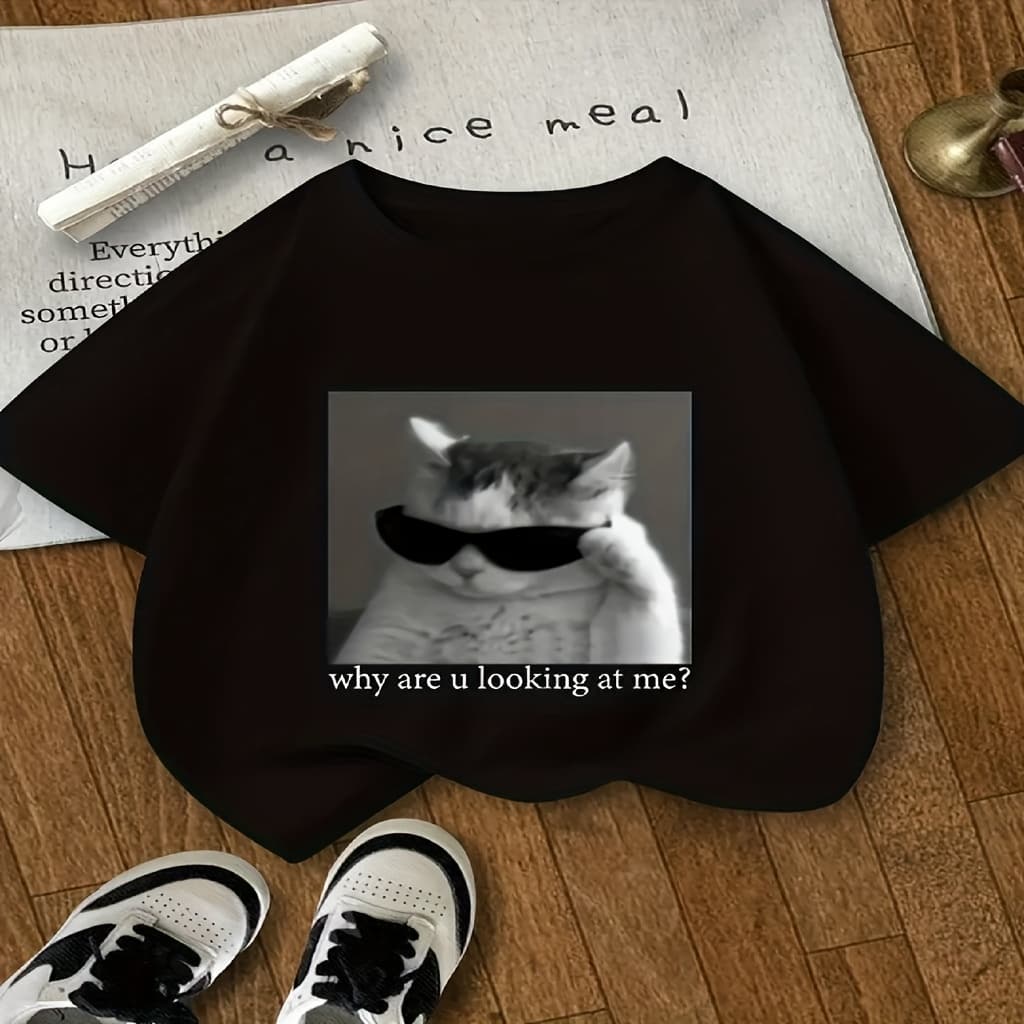 Girls' fashionable cat-patterned T-shirt, comfortable cotton, round-neck short-sleeved summer top, suitable for outdoor play and casual wear, 8-14 years old - Image 1